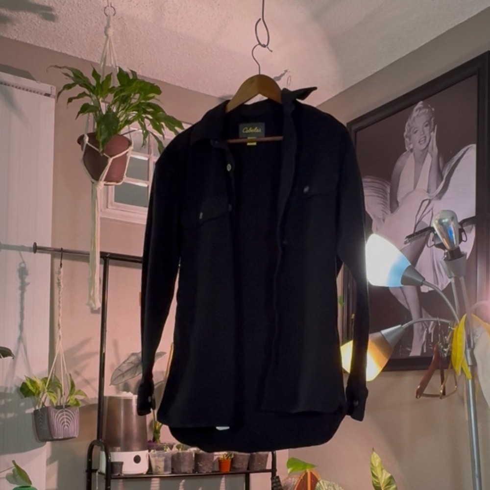 Cabelas Mens Black Shirt Jacket Button Up Long Sleeve Medium Utility